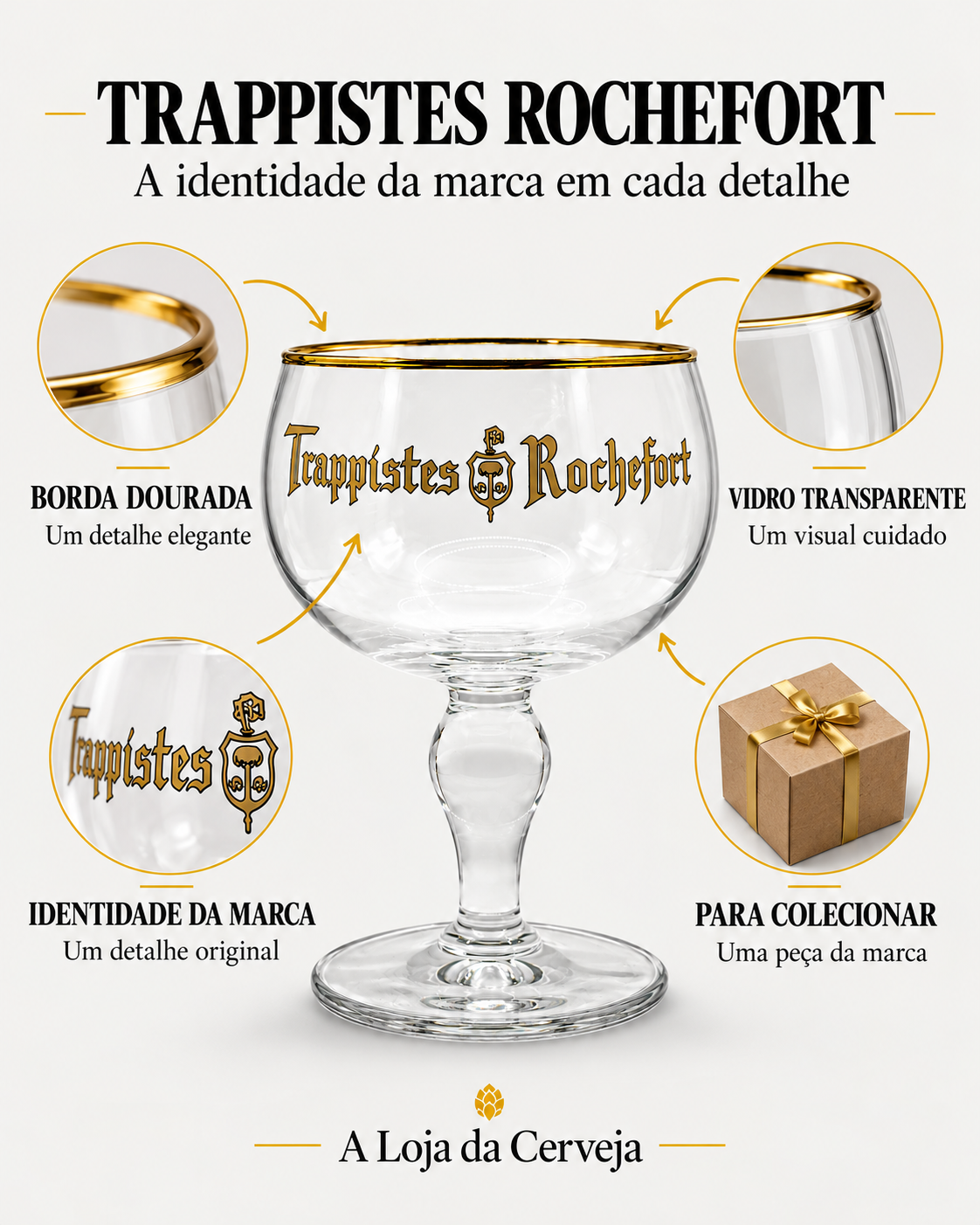 Copo Trappistes Rochefort: borda dourada — Um detalhe elegante; vidro transparente — Um visual cuidado; identidade da marca — Um detalhe original; para colecionar — Uma peça da marca.