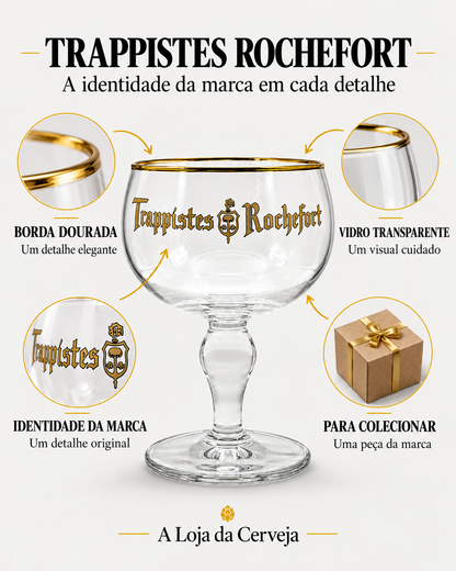 Copo Trappistes Rochefort: borda dourada — Um detalhe elegante; vidro transparente — Um visual cuidado; identidade da marca — Um detalhe original; para colecionar — Uma peça da marca.