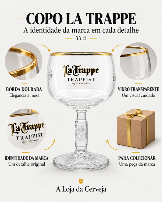 Copo La Trappe: borda dourada — Elegância à mesa; vidro transparente — Um visual cuidado; identidade da marca — Um detalhe original; para colecionar — Uma peça da marca.