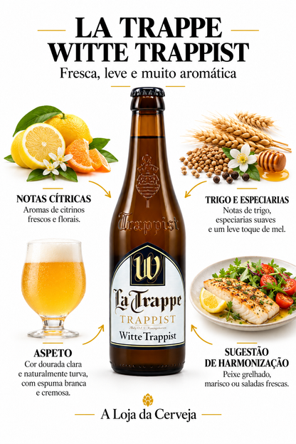 Infografia de La Trappe Witte Trappist, com o produto original ao centro, características e sugestão de harmonização em português. A Loja da Cerveja.