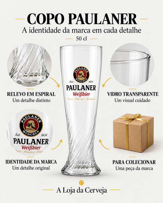 Copo Paulaner: relevo em espiral — Um detalhe distinto; vidro transparente — Um visual cuidado; identidade da marca — Um detalhe original; para colecionar — Uma peça da marca.