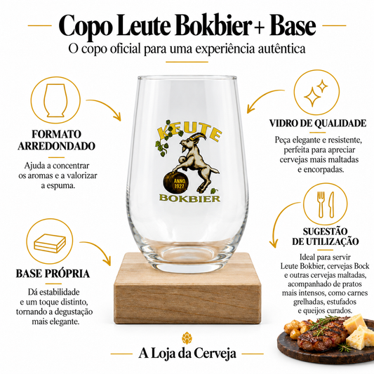 Infografia de Copo Leute Bokbier+Base, com o produto original ao centro, características e sugestão de utilização em português. A Loja da Cerveja.