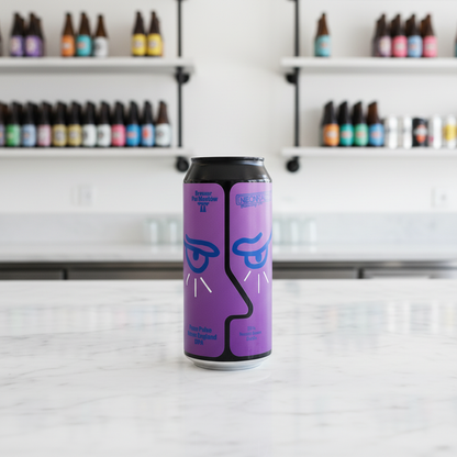 Lata de cerveja com design artístico roxo