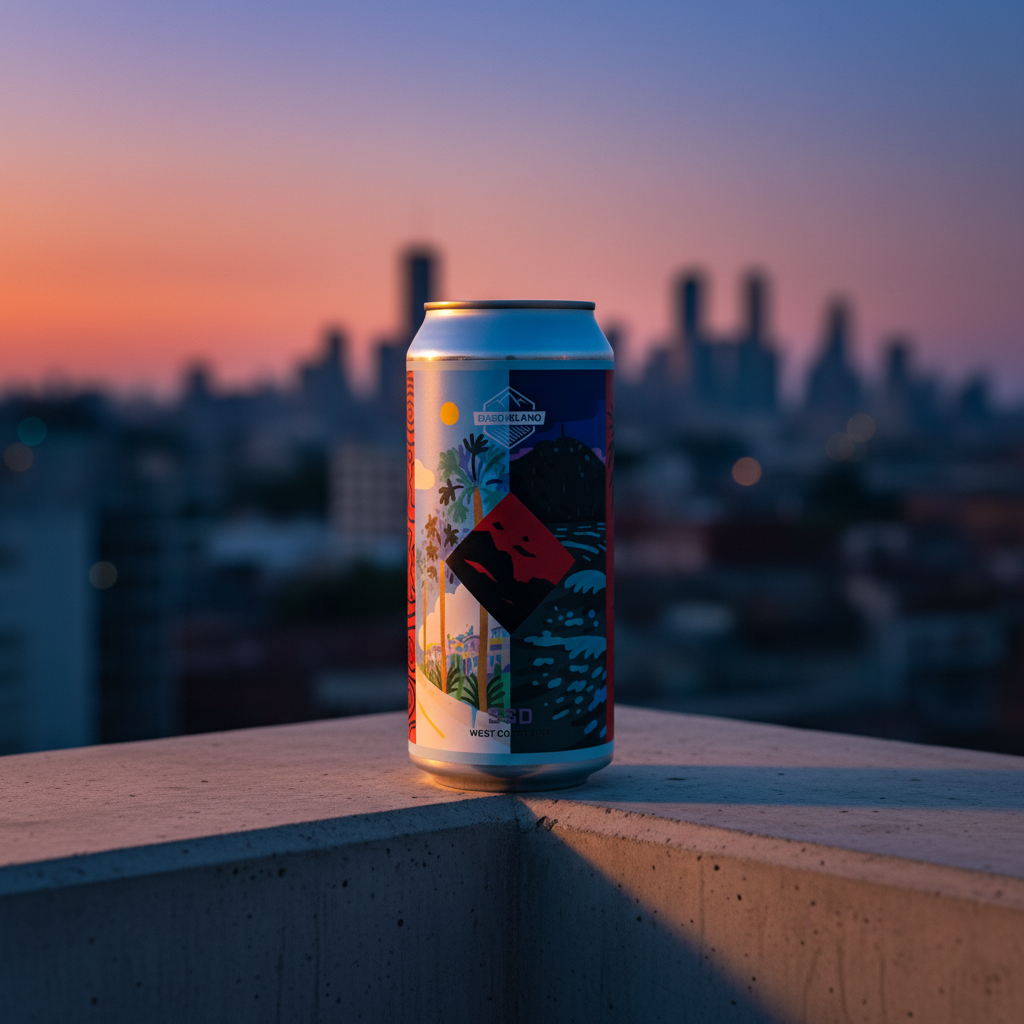 Lata West Coast IPA - skyline ao crepúsculo