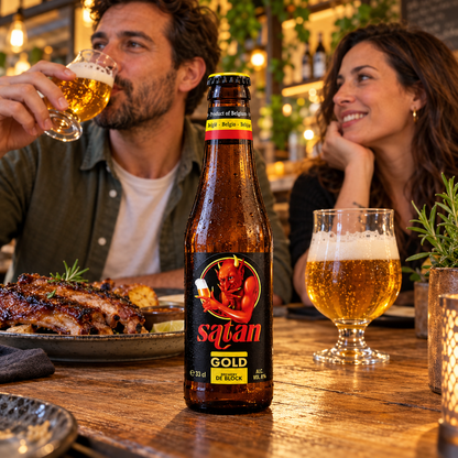 Imagem de ambiente gerada por IA: Satan Gold em destaque à mesa, com um casal adulto e sugestão de harmonização.
