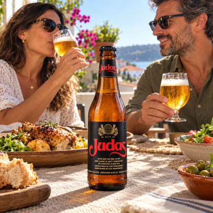 Imagem de ambiente gerada por IA: Judas Blond em destaque à mesa, com um casal adulto e sugestão de harmonização.